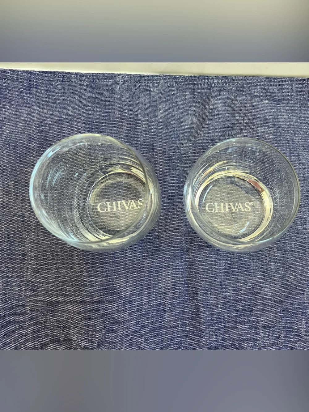 Whiskey Chivas Regal Scotch Set of 2 Rocks Lowball Glasses Slanted Tilted Etched